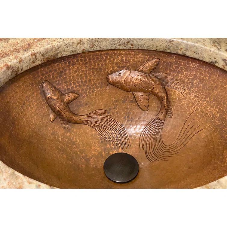 19" Oval Under Counter Hammered Copper Bathroom Sink with Koi Fish Design