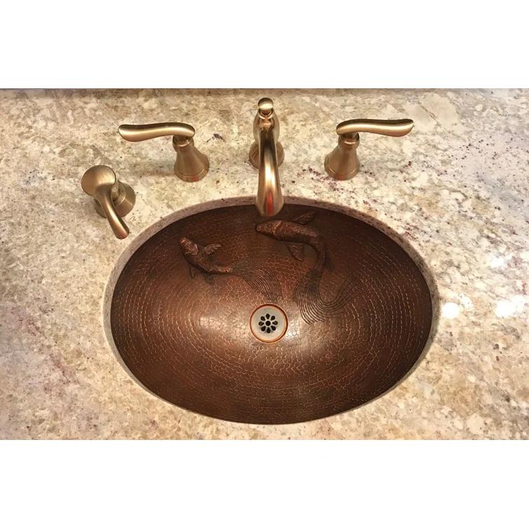 19" Oval Under Counter Hammered Copper Bathroom Sink with Koi Fish Design