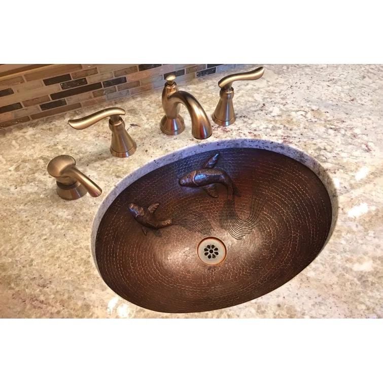 19" Oval Under Counter Hammered Copper Bathroom Sink with Koi Fish Design