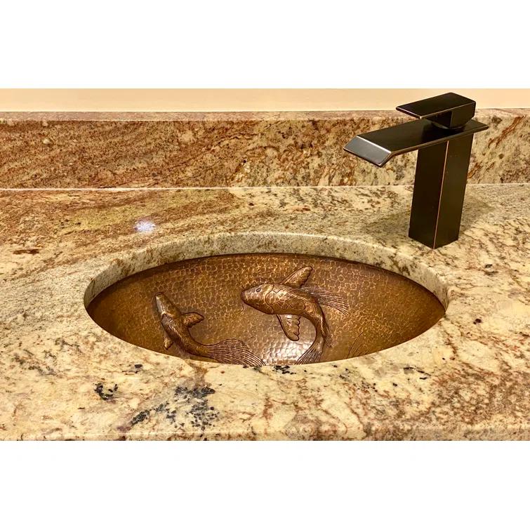 19" Oval Under Counter Hammered Copper Bathroom Sink with Koi Fish Design