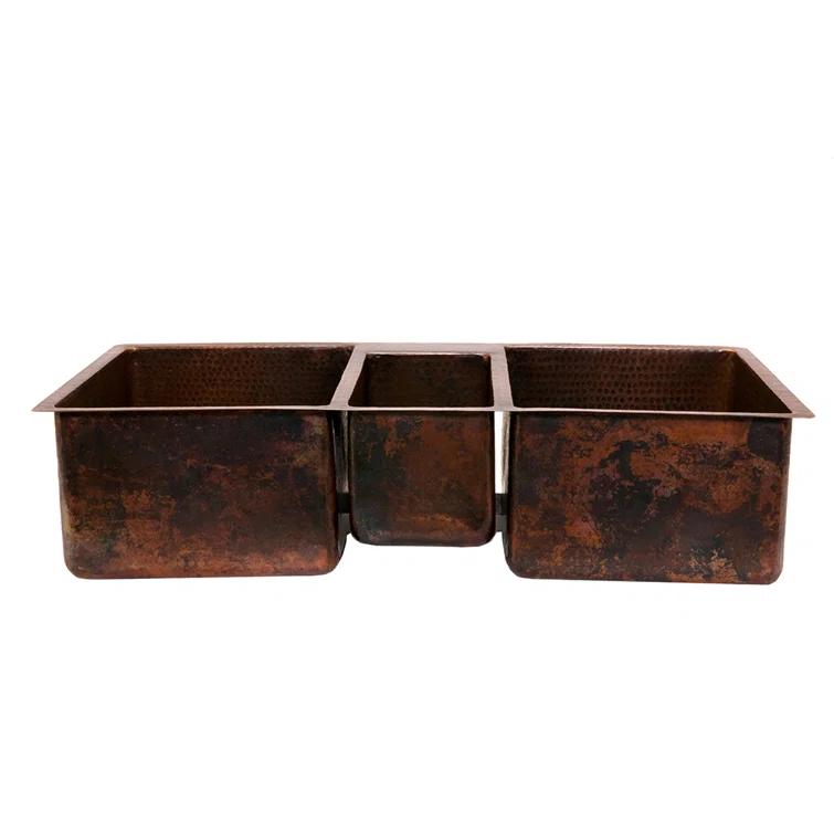 42" Hammered Copper Triple Basin Kitchen Sink