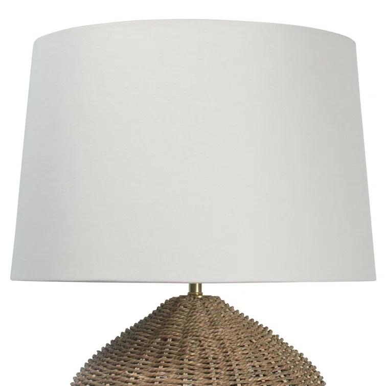 Seaside Natural Woven Rattan Table Lamp with White Linen Shade