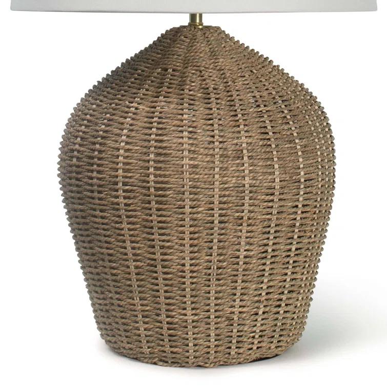Seaside Natural Woven Rattan Table Lamp with White Linen Shade