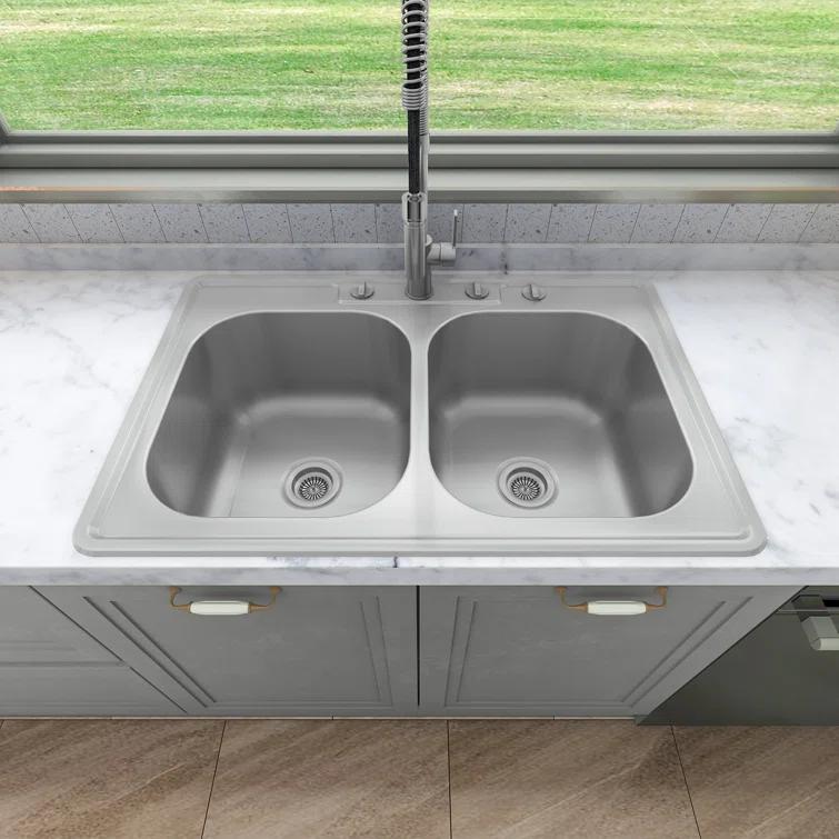 Sinber 33" x 22" Drop In Double Bowl Kitchen Sink with 18 Gauge 304 Stainless Steel Satin Finish