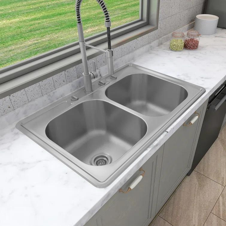 Sinber 33" x 22" Drop In Double Bowl Kitchen Sink with 18 Gauge 304 Stainless Steel Satin Finish