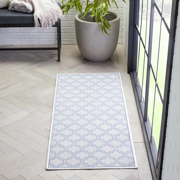 Kehr Lattice Moroccan Ivory Dark Blue Machine Washable Area Rug