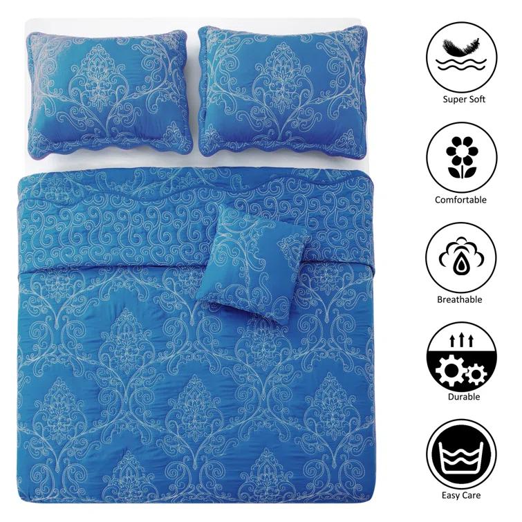 Home Soft Things Damask Embroidery Oversized 4 Piece Quilt Set