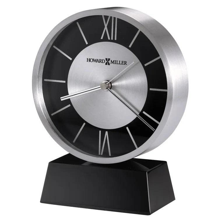 Davis Modern & Contemporary Roman Numeral Metal Quartz Movement / Crystal Tabletop Clock in Black/Polished Sliver