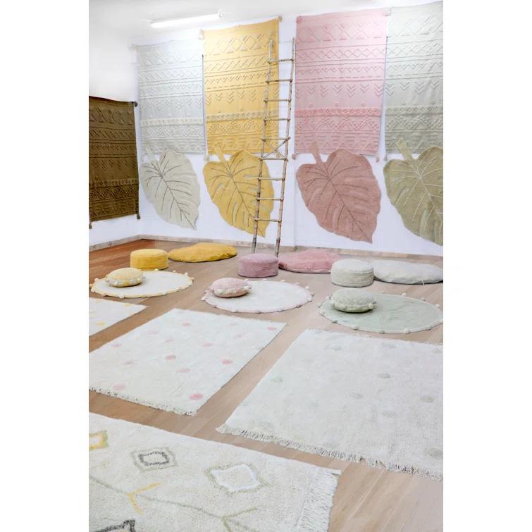 Polka Dots Handmade Tufted Rectangle 4' x 5'3" Cotton Area Rug in White/Yellow