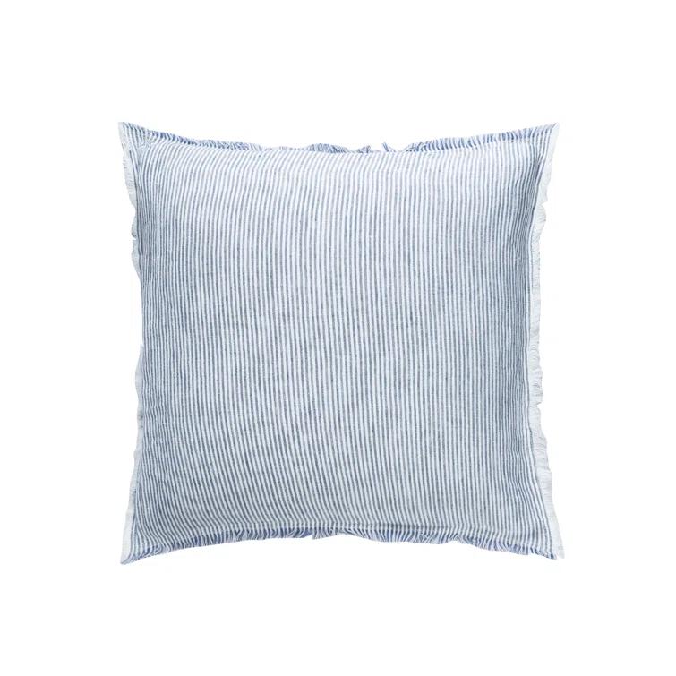 Blue Pinstripe Fringe Linen Pillow 26x26 Down Alternative Insert