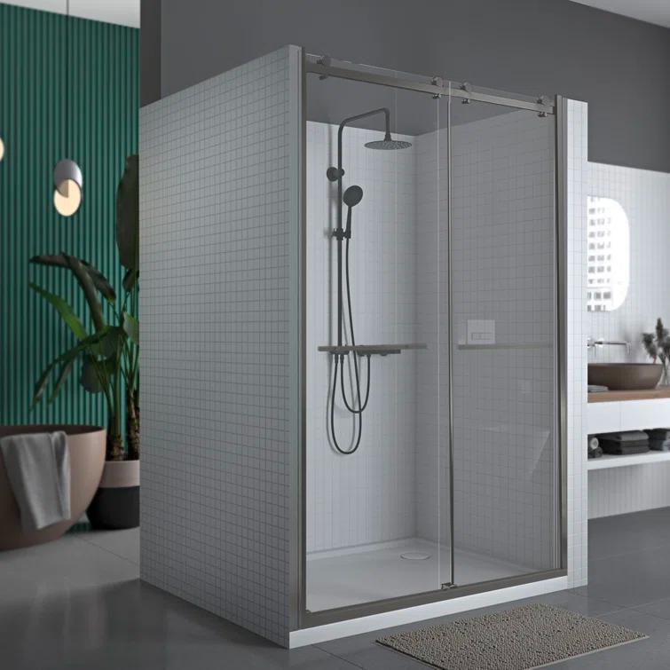 56" - 60" W 74” H Double Sliding Frameless Shower Door with Fixed Glass Panel