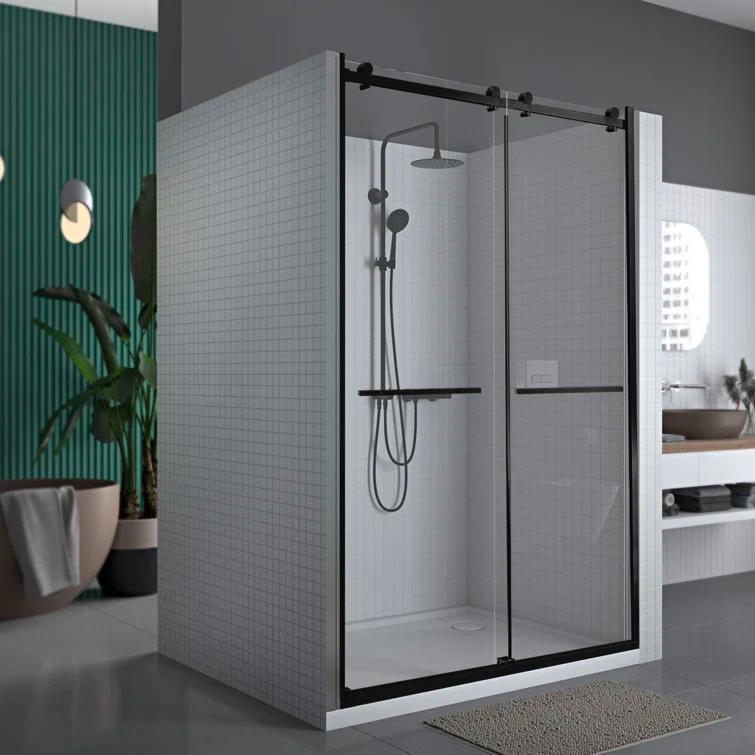 56" - 60" W 74” H Double Sliding Frameless Shower Door with Fixed Glass Panel