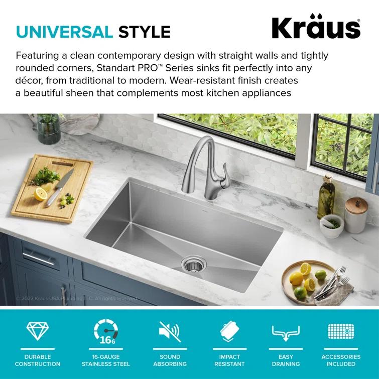 KRAUS Standart PRO™ Undermount 16 Gauge Stainless Steel Kitchen Sink