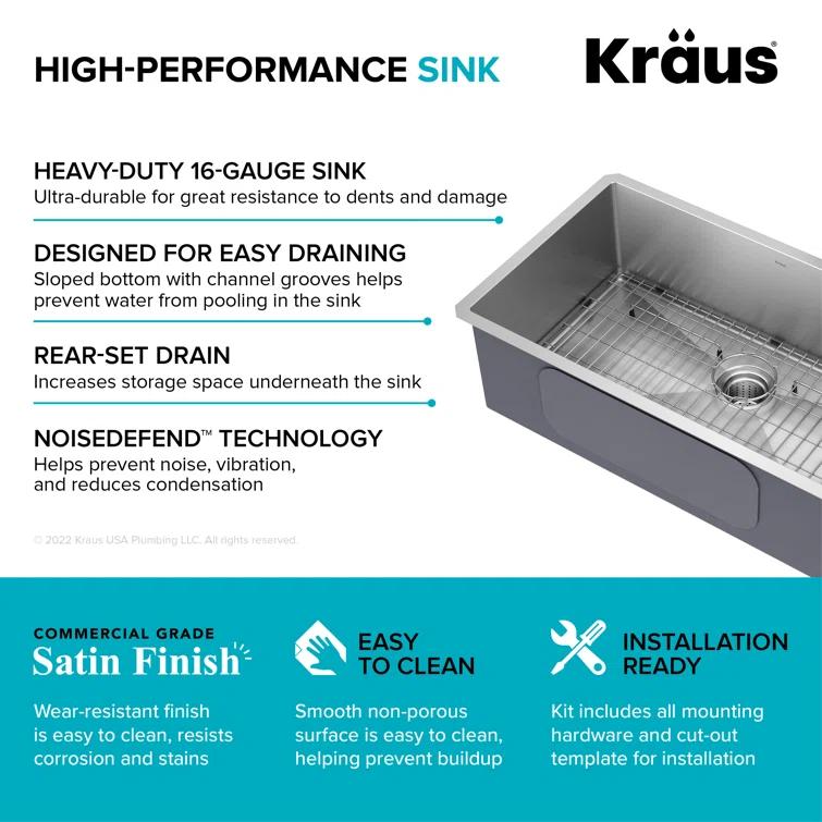 KRAUS Standart PRO™ Undermount 16 Gauge Stainless Steel Kitchen Sink