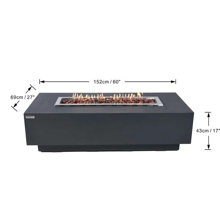 Granville Elementi 60" Rectangular Outdoor Concrete Fire Pit Table with Lava Rocks and Cover