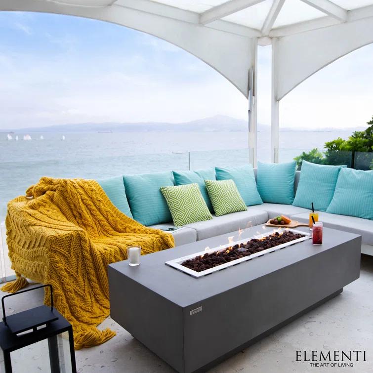 Granville Elementi 60" Rectangular Outdoor Concrete Fire Pit Table with Lava Rocks and Cover