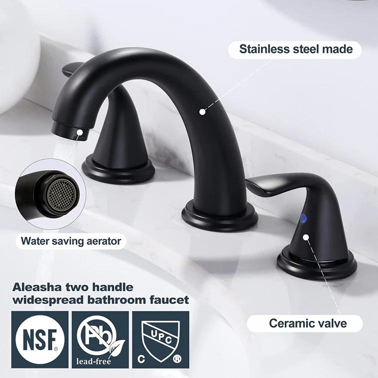 Aleasha Widespread Bathroom Sink Faucet, 3 Hole Faucet With Pop-Up Drain