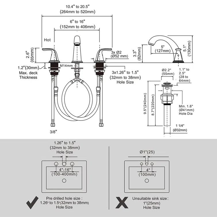 Aleasha Widespread Bathroom Sink Faucet, 3 Hole Faucet With Pop-Up Drain