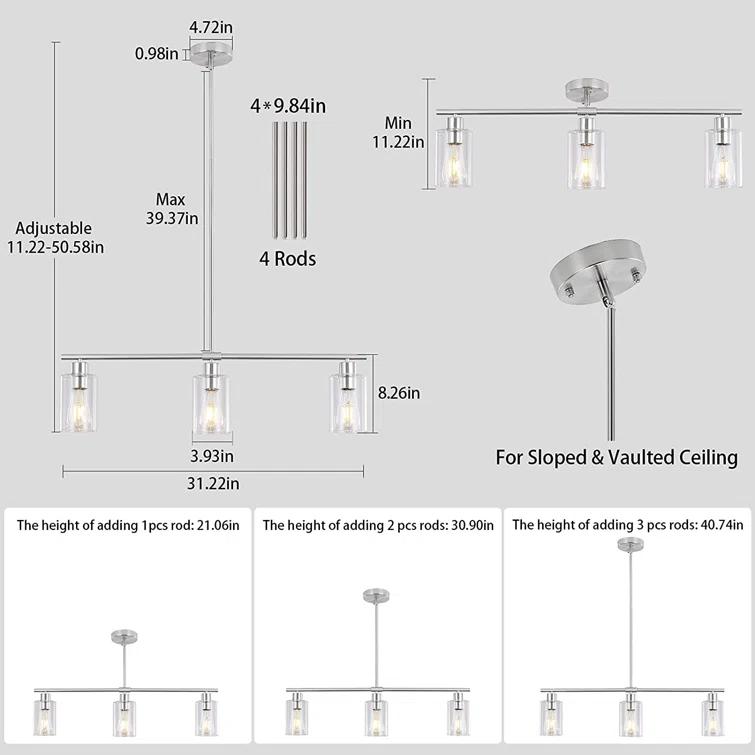 Delmis 3 - Light Kitchen Island Pendant Rustic Linear Chandelier with Clear Glass Shades