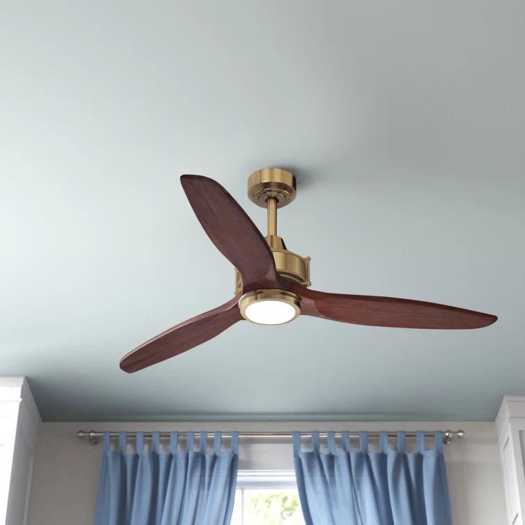 Wade Logan® Ballog 52 in. Matte Black and Brushed Silver Indoor Outdoor Rod Mount Industrial Ceiling Fan with Wooden Walnut Blades, Dimmable Integrated LED Light Kit and Remote Control Included, 3 Speeds