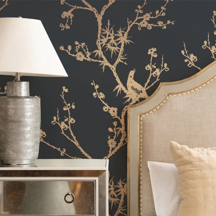 Tempaper & Co.® x Cynthia Rowley Bird Watching Removable Peel and Stick Wallpaper, Black and Gold, 56 sq ft: Vinyl, Self-Adhesive