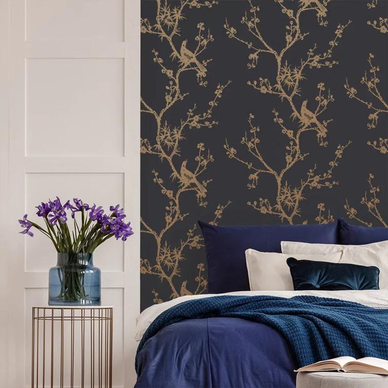 Tempaper & Co.® x Cynthia Rowley Bird Watching Removable Peel and Stick Wallpaper, Black and Gold, 56 sq ft: Vinyl, Self-Adhesive