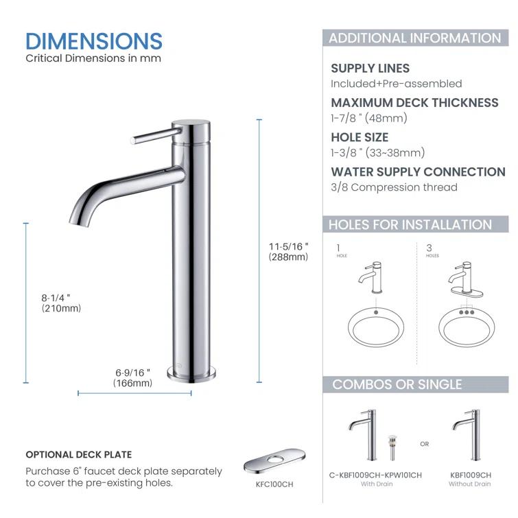 KIBI C-KBF1009CH-KPW101CH Circular Vessel Sink Faucet Single-handle Bathroom Faucet