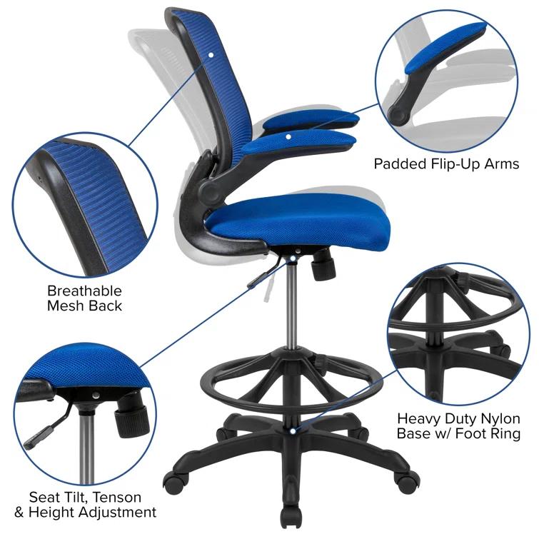 Mid-Back Mesh Ergonomic Drafting Chair with Foot Ring and Flip-Up Arms