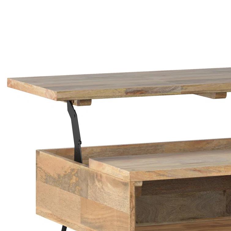 Hunter Solid Wood Industrial Small Lift Top Coffee Table with Hidden Storage and Metal Hairpin Legs.