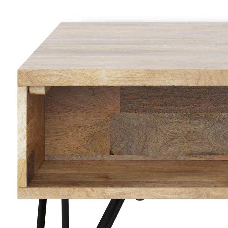 Hunter Solid Wood Industrial Small Lift Top Coffee Table with Hidden Storage and Metal Hairpin Legs.