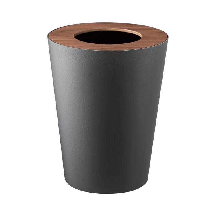 Rin Yamazaki Home Round Trash Can, 1.85 gallon Wastebasket Bathroom Kitchen Office, Steel + Wood