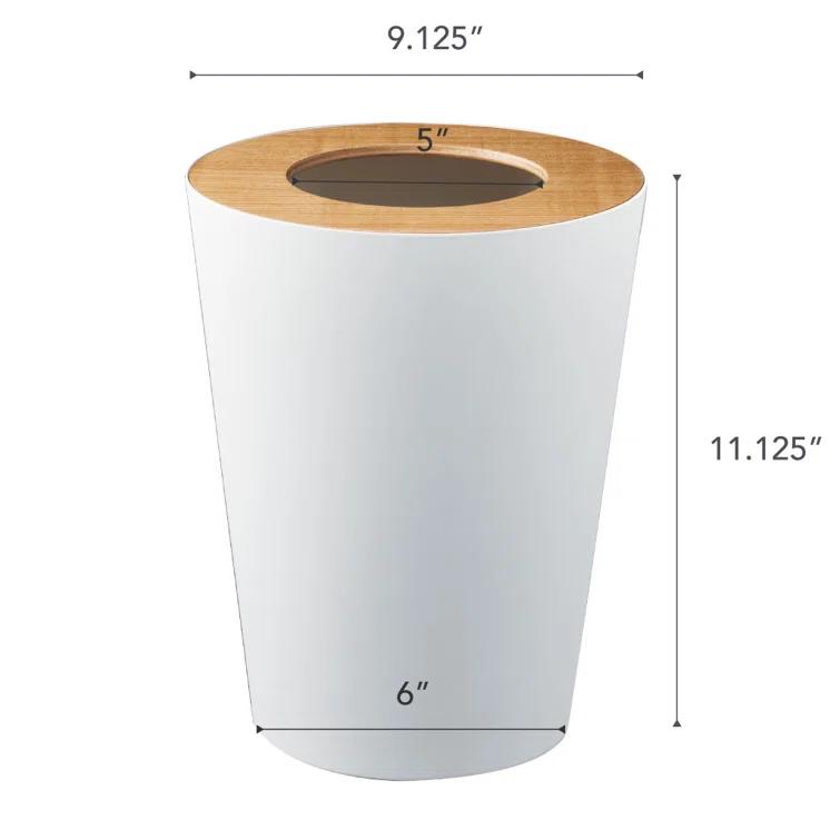 Rin Yamazaki Home Round Trash Can, 1.85 gallon Wastebasket Bathroom Kitchen Office, Steel + Wood