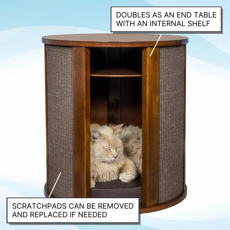 Purrrrfect End Table Cat Bed - Wood Cat Furniture Nightstand, Replaceable Scratch Pad & Cushion