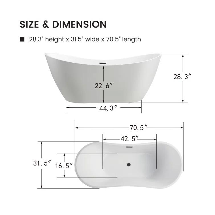 Ophelia 71" x 32'' Freestanding Soaking Acrylic Bathtub