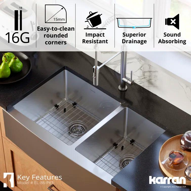 Karran 16-Gauge Stainless Steel 33'' X 22-1/4'' 60/40 Double Bowl Farmhouse Apron Front Sink Kit