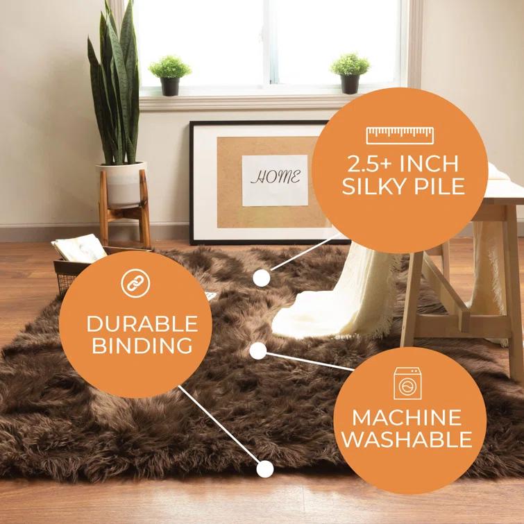 Diller Dark Brown Faux Fur Machine Washable Shag Fluffy Area Rug