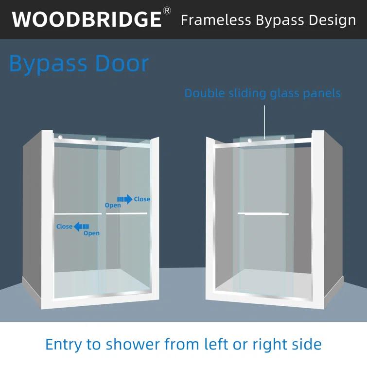 WoodBridge 44-48" W x 80" H Double Sliding Semi- Frameless Shower Door with 5/16"(8mm) Clear Tempered Glass SURFK-4880--CH