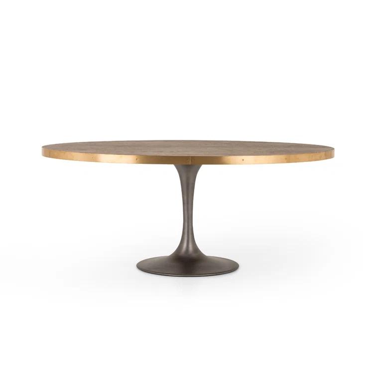 Round Oak and Iron Dining Table with Gold Accents