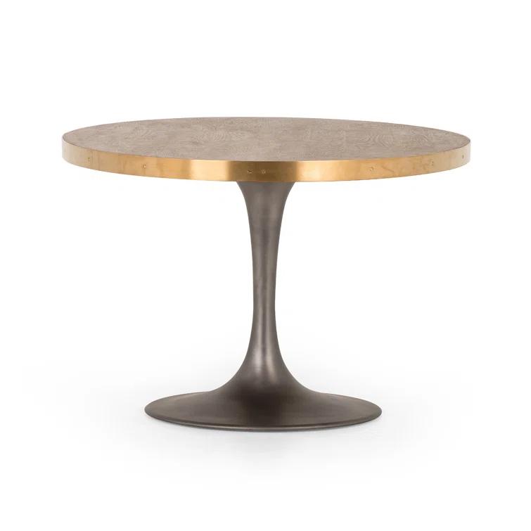 Round Oak and Iron Dining Table with Gold Accents