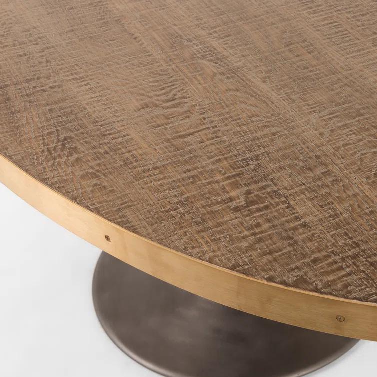 Round Oak and Iron Dining Table with Gold Accents