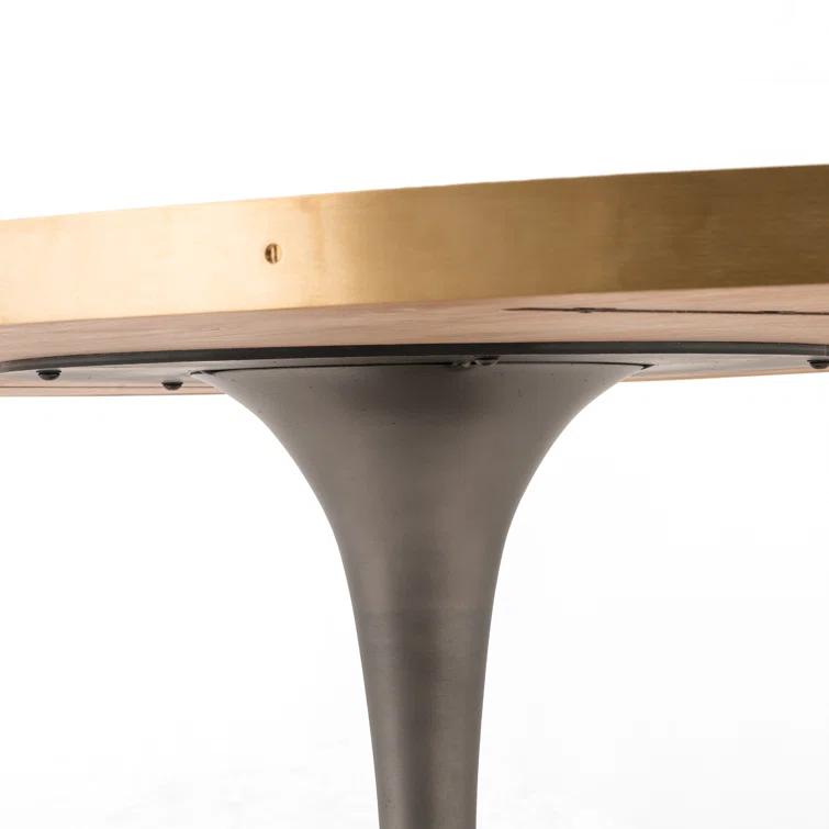 Round Oak and Iron Dining Table with Gold Accents