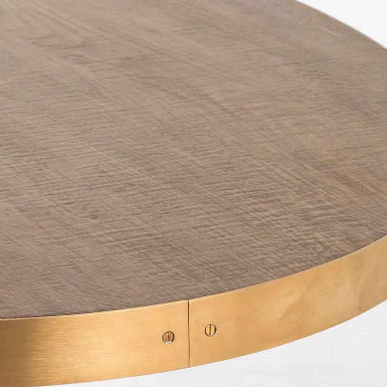 Round Oak and Iron Dining Table with Gold Accents