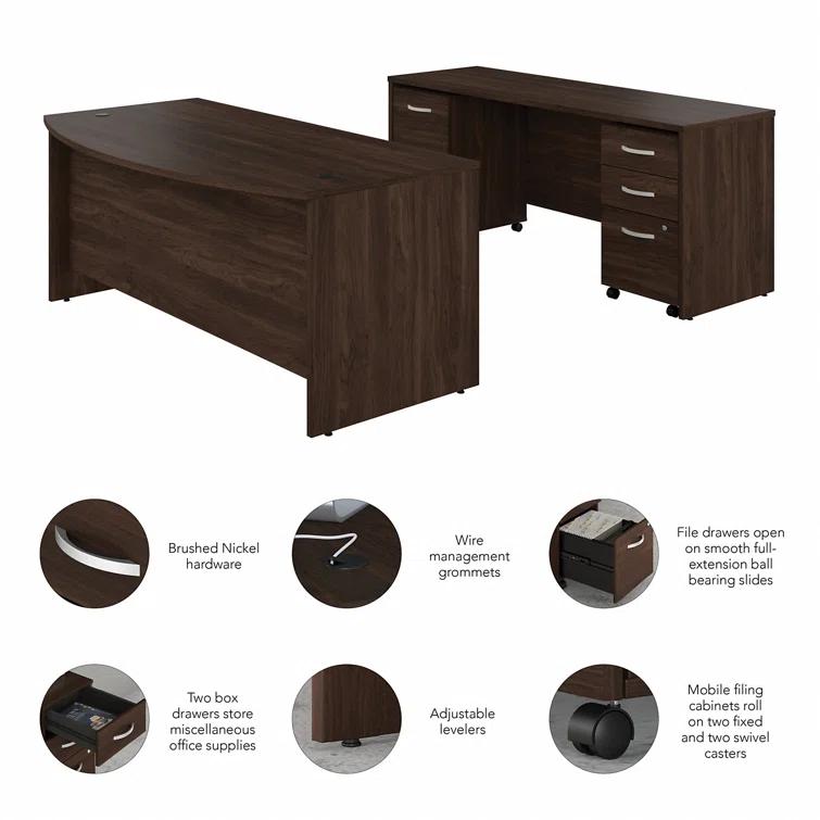 Studio C 72W x 36D Bow Front Desk and Credenza with Mobile File Cabinets