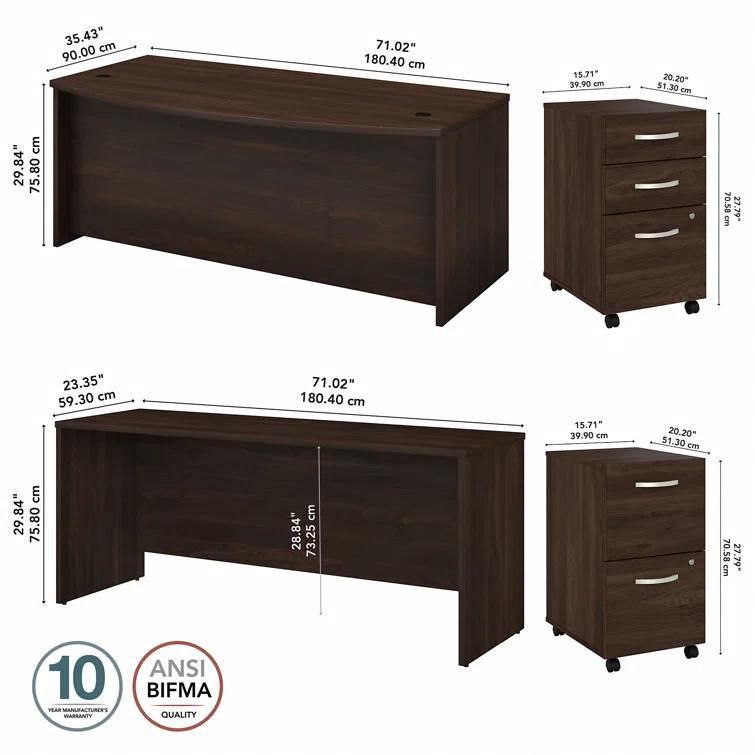 Studio C 72W x 36D Bow Front Desk and Credenza with Mobile File Cabinets