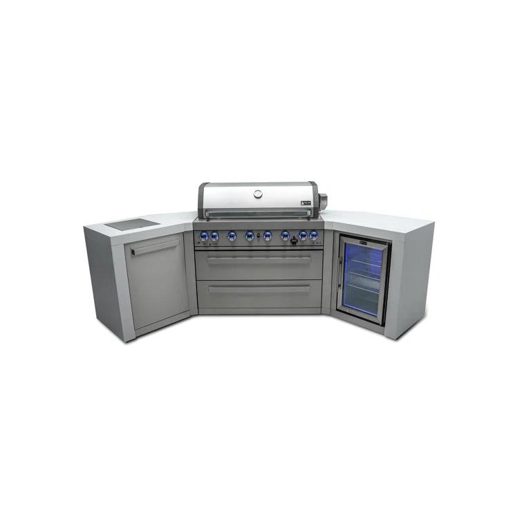Mont Alpi 805 6-Burner 115000 BTU MAi805-D45FC U-shaped Stainless Steel Deluxe Modular Outdoor Kitchen BBQ Island Grill + Fridge Cabinet - 2 Infrared Burners, White Granite Countertops, Rotisserie Kit
