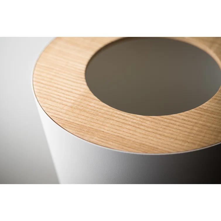 Rin Yamazaki Home Round Trash Can, 1.85 gallon Wastebasket Bathroom Kitchen Office, Steel + Wood