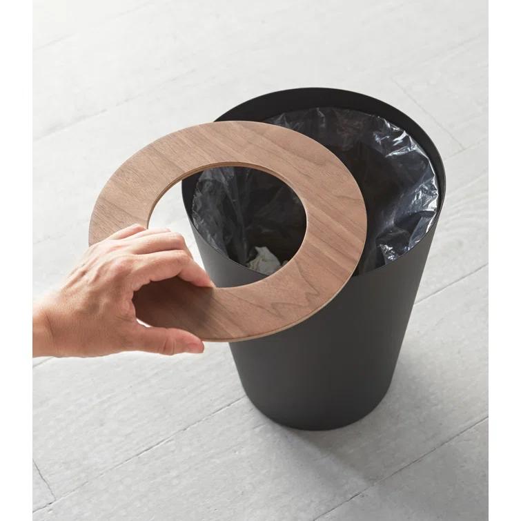 Rin Yamazaki Home Round Trash Can, 1.85 gallon Wastebasket Bathroom Kitchen Office, Steel + Wood