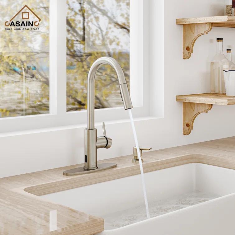 Willow Single-Handle Pull Down Sprayer Kitchen Faucet with Infrared Sensor, Soap Dispenser and Deck Plate