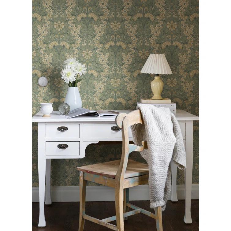 Ojvind Blue Sea Green Floral Ogee Paper Matte Non-Pasted Wallpaper Roll