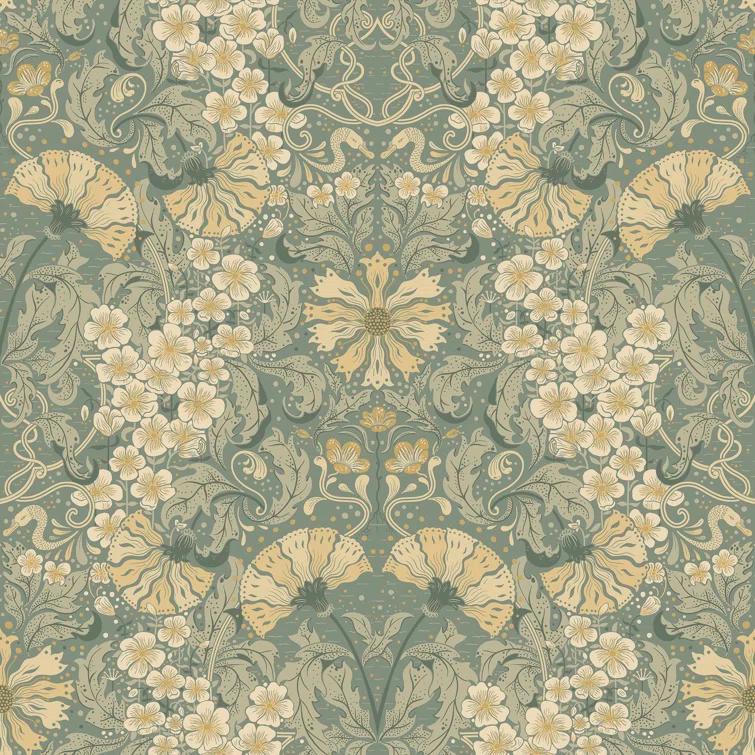 Ojvind Blue Sea Green Floral Ogee Paper Matte Non-Pasted Wallpaper Roll